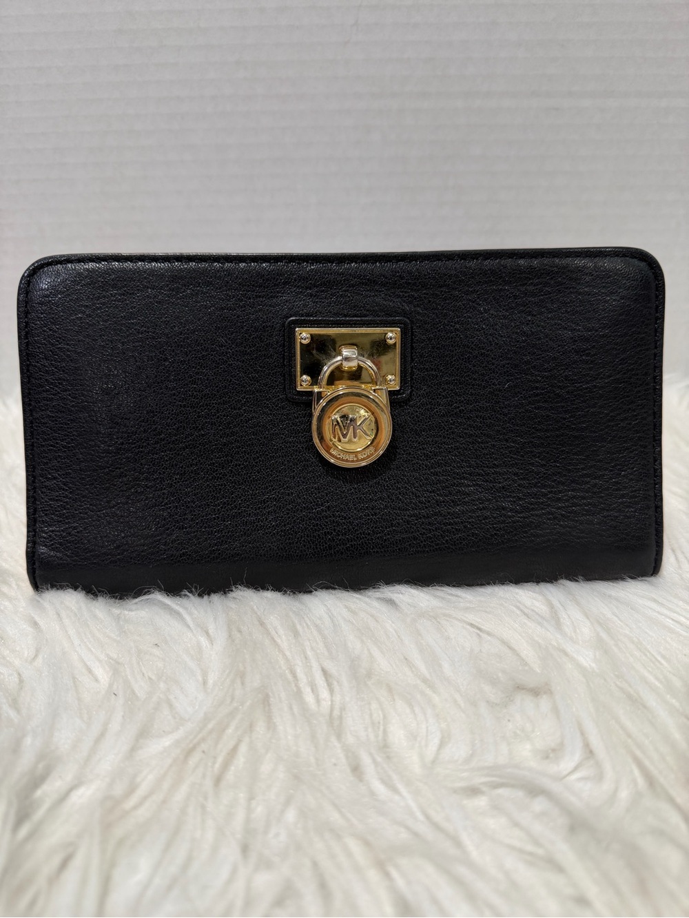 Michael Kors Black Leather Continental Wallet with Gold MK Lock